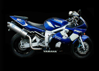 Blue & grey Yamaha® motorcycle in front of a black background.